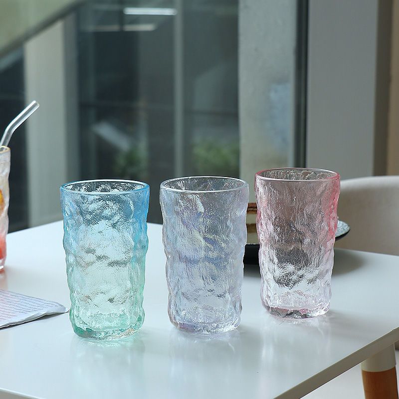 ins渐变冰川纹玻璃杯北欧餐厅果汁杯气泡水杯咖啡杯创意树皮纹杯