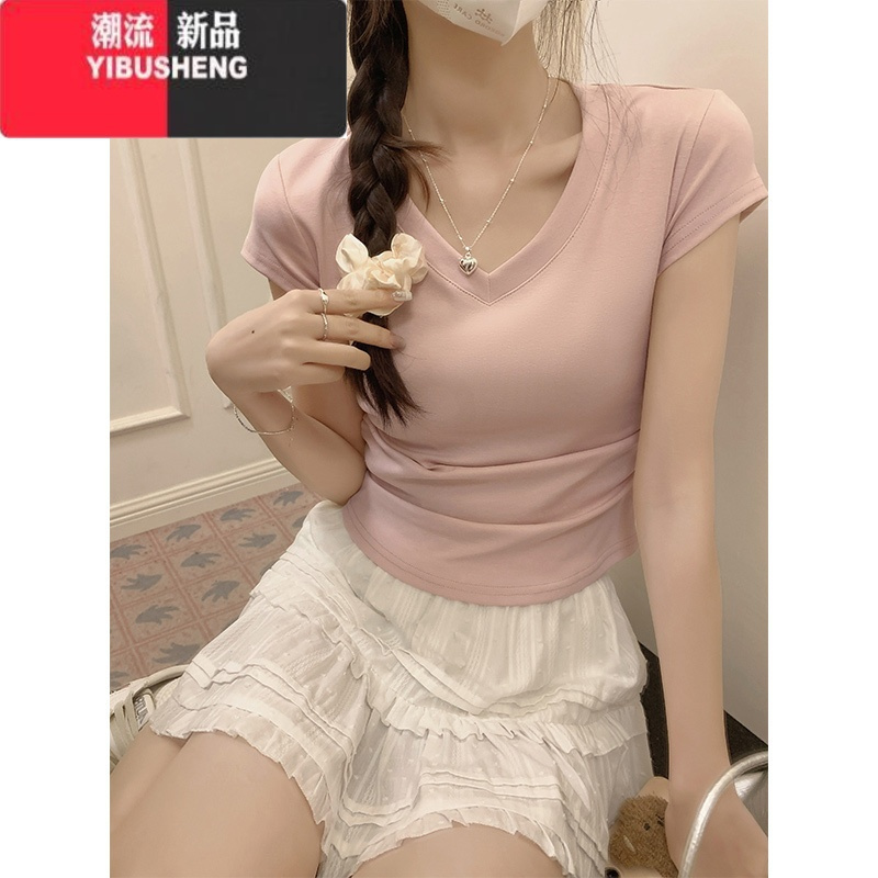 YIBUSHENG粉色多巴胺显白正肩短袖女季褶皱收腰设计感修身T恤短款小上衣