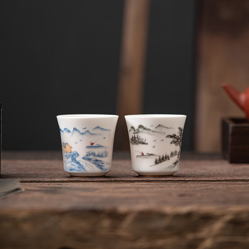 苏氏陶瓷/SUSHI CERAMICS J0688 功夫茶杯手绘描金山水画茶杯省级陶瓷艺术大师陈建瑞手工杯主人杯对杯国潮高清大图
