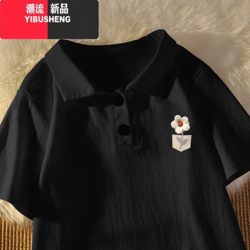 YIBUSHENG季宽松盐系Polo领百搭短袖t恤女2024新款学院风显瘦上衣ins高清大图