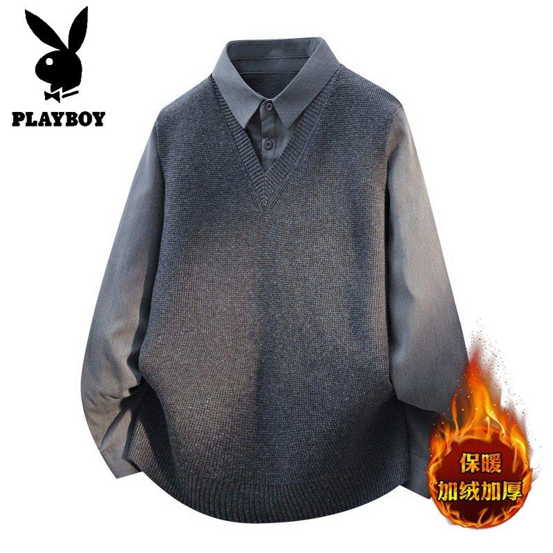 花花公子新款高品质2025年秋冬款翻领针织毛衣男 灰色 180