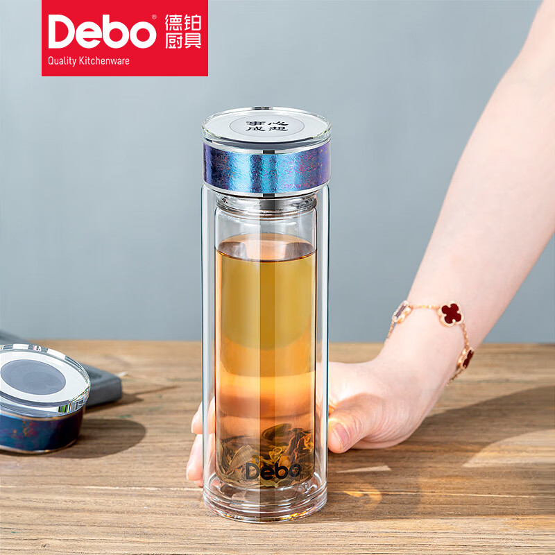 Debo德铂金斯利温显玻璃钛杯双层玻璃杯水杯高档泡茶杯 钛材质温显-蓝色320ml DEP-DS408