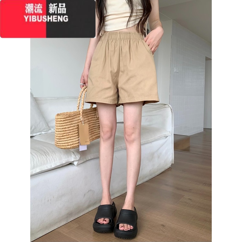 YIBUSHENG松紧腰黑色休闲裤直筒裤女季宽松显瘦中裤阔腿裤短裤小个子裤子高清大图