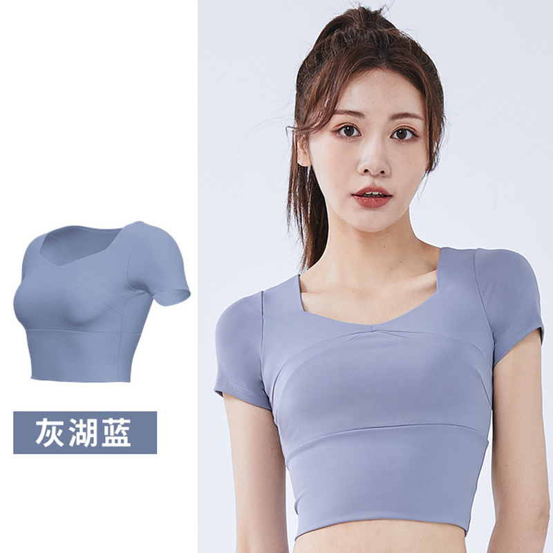 班蒂纳瑜伽服短袖拼接运动速干带胸垫抗震跑步健身半袖T恤 JYMD009
