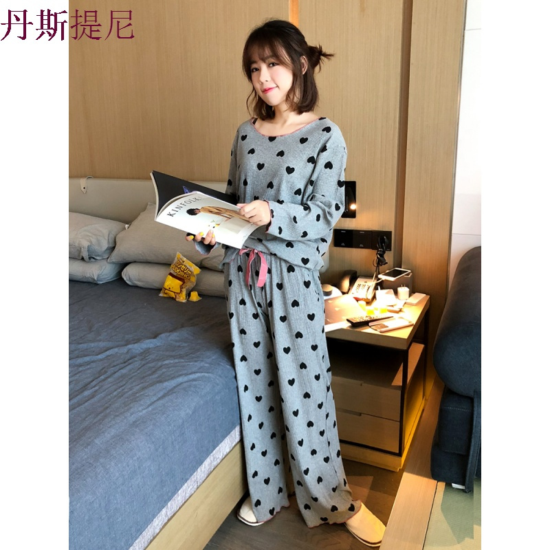 桃心纯棉睡衣女秋套装长袖长裤宽松两件套可爱韩版秋冬学生家居服