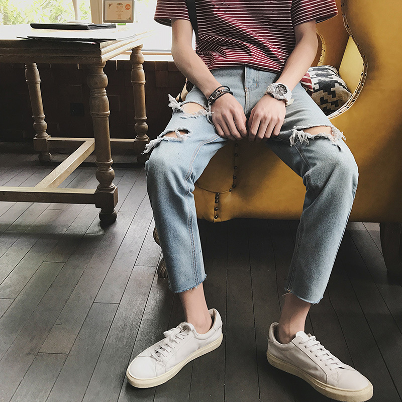 牛仔裤男修身弹力小脚裤夏款薄款破洞九分刮烂乞丐裤韩版9分裤男
