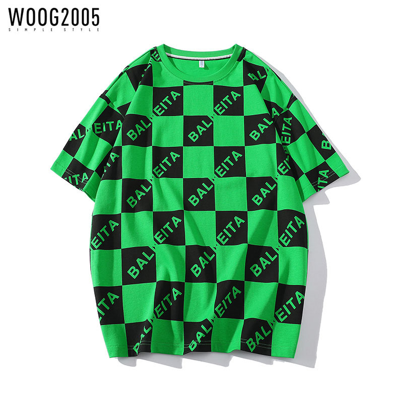 WOOG2005 夏季格子印花T恤男潮流大码韩版圆领百搭运动休闲短袖男