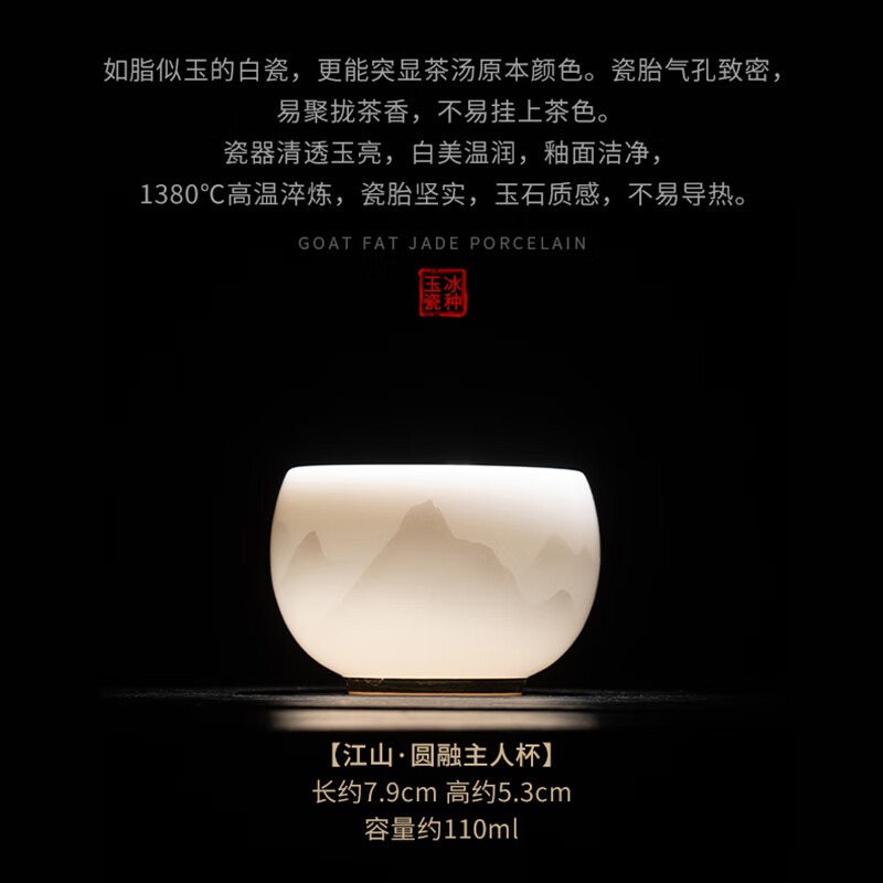 苏氏陶瓷(SUSHI CERAMICS)冰种玉瓷主人杯淡墨秋山圆融茶杯功夫茶个人专用茶杯110ml_高清大图
