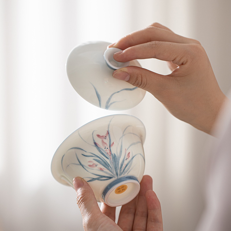 苏氏陶瓷(SUSHI CERAMICS)羊脂玉瓷手绘兰花盖碗香薰手捏花扩香器小套组