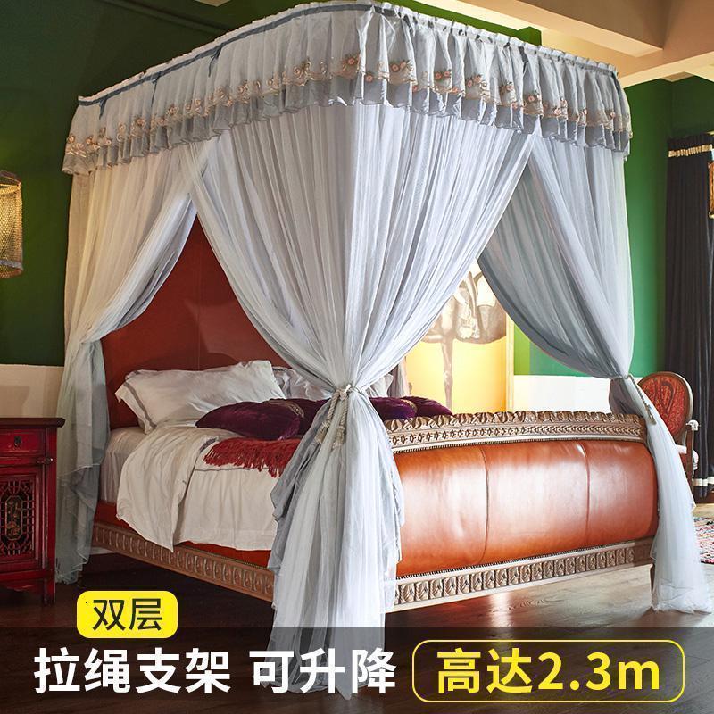 美帮汇拉绳升降u型导轨蚊帐挡风遮光布床帘家用1.8m床1.5米加密加厚床幔 灰白—双层遮光床幔蚊帐含自动拉绳升降支 1.5m（5英尺）床