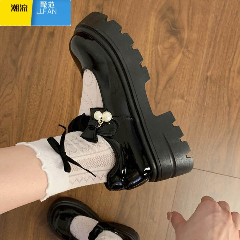 聚范配裙子法式玛丽珍小皮鞋女厚底2024夏季新款增高jk鞋单鞋中跟珍珠 黑色 36
