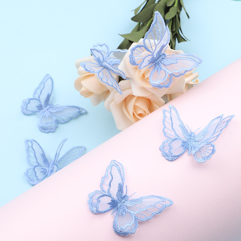蓝色刺绣蕾丝布贴蝴蝶图案时尚米魁衣服补破洞装饰贴布绣补丁贴花小号