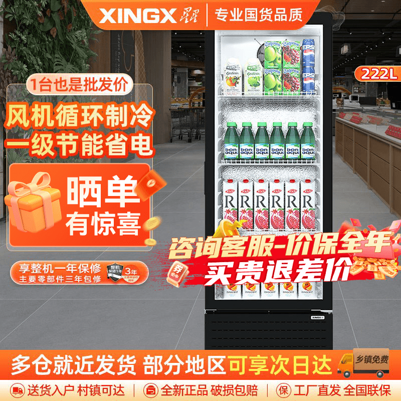 星星(XINGX)LSC-230FYPE 222升立式单门风直冷商用冷藏展示柜 超市饮料啤酒保鲜冷柜 茶叶冷饮陈列冷柜