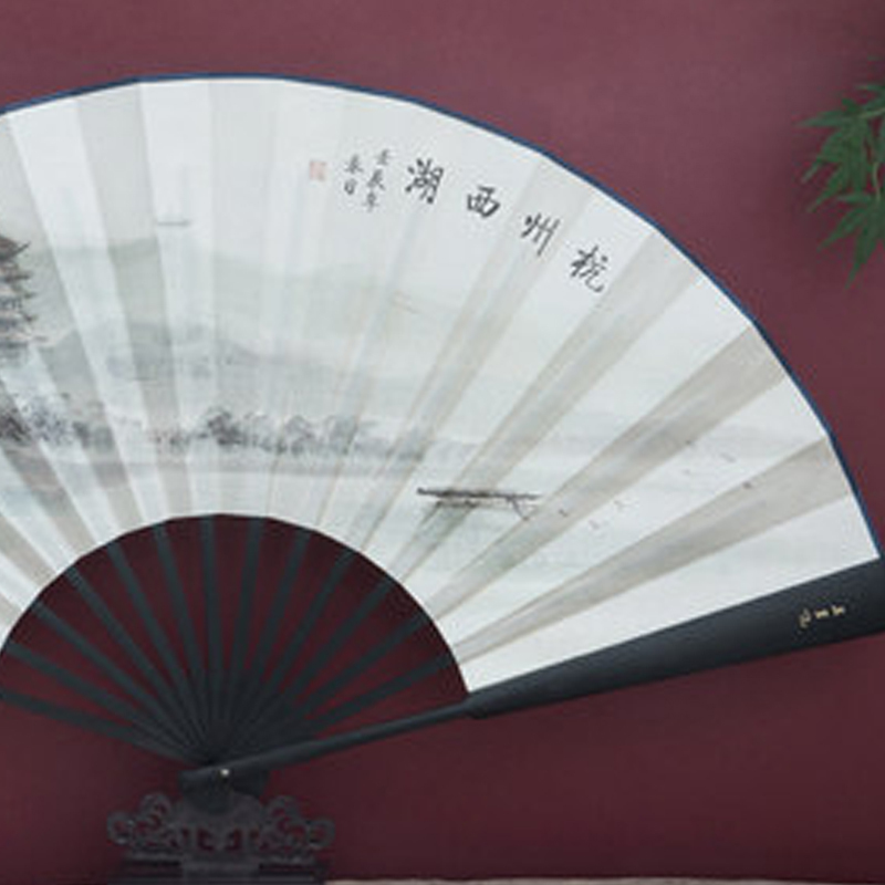 古风折扇男式丝绸绢扇(杭州西湖)