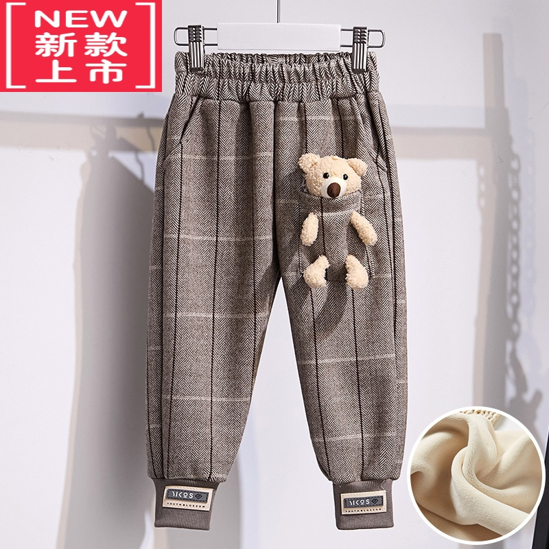 可莉允女童加厚休闲裤冬季2022新款洋气儿童可爱小熊格子加绒保暖卫裤潮保暖裤