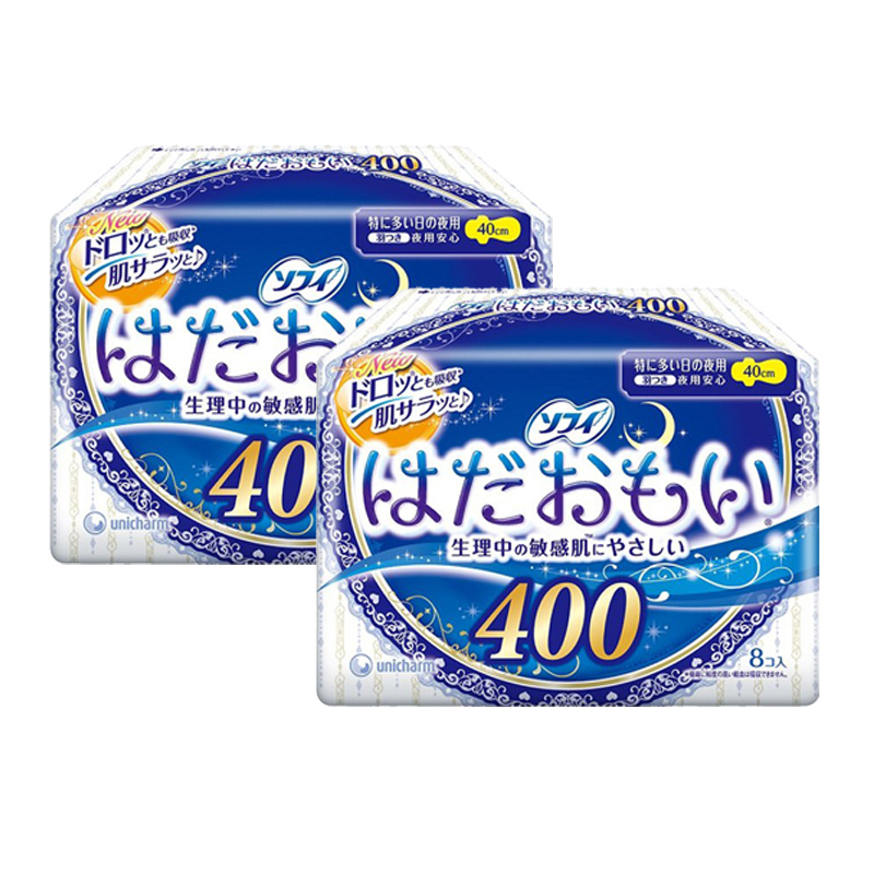 2件装unicharm尤妮佳苏菲温柔肌量多夜用护翼卫生巾40cm8片装