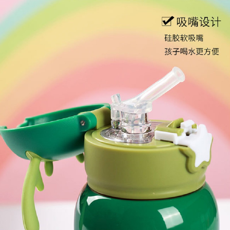 男女孩儿童保温杯带吸管学生双盖两用便携卡通水壶水杯-深蓝色小熊保温杯500ml