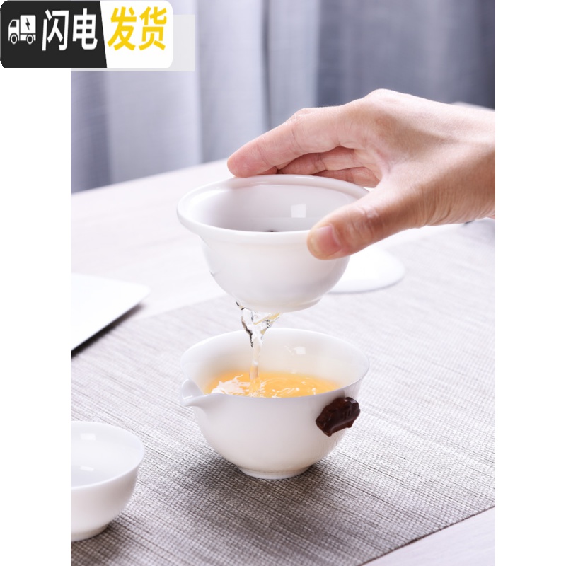 三维工匠德化白瓷快客杯一壶二杯便携功夫旅行茶具套装日式茶杯盖碗飘逸杯 常乐快客杯+收纳包(藏蓝)高清大图