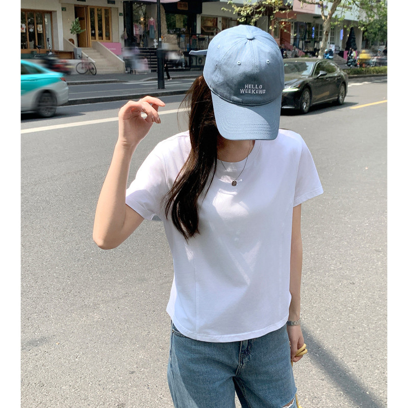 [2.5折价46元]唐狮夏季女圆领正肩分割短款短袖T恤显瘦简约百搭气质韩系