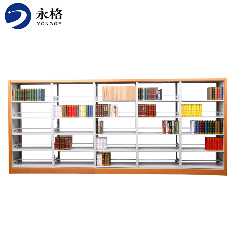 永格学校图书馆书架钢制资料展示架阅览室木护板双面书架 一列5组