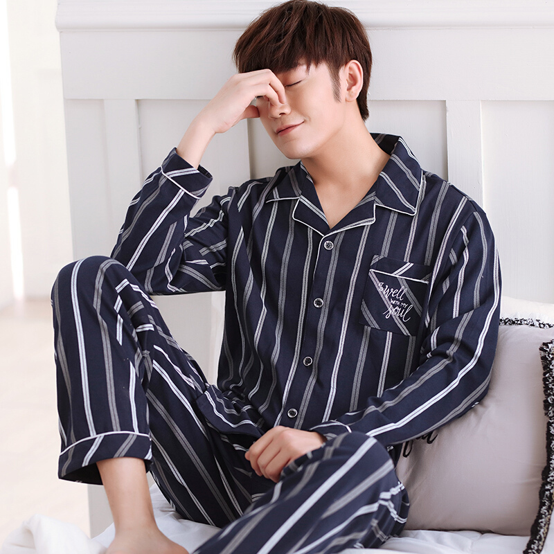 男士睡衣长袖全棉春秋男款全棉青年秋冬款中年大码休闲家居服套装a
