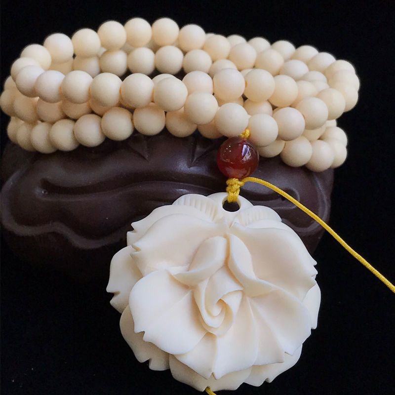 象牙果雕刻玫瑰花挂饰项链女ins简约森系毛衣链长款百搭大气潮流绳子