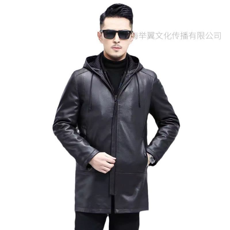 举翼王子水貂内胆男士皮衣真皮头层山羊皮连帽海宁皮草中长款脱卸内胆外套图片