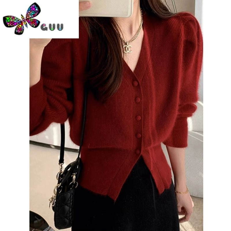 语娄兔年新年战袍小香风红色毛衣外套女设计感小众针织开衫打底衫上衣