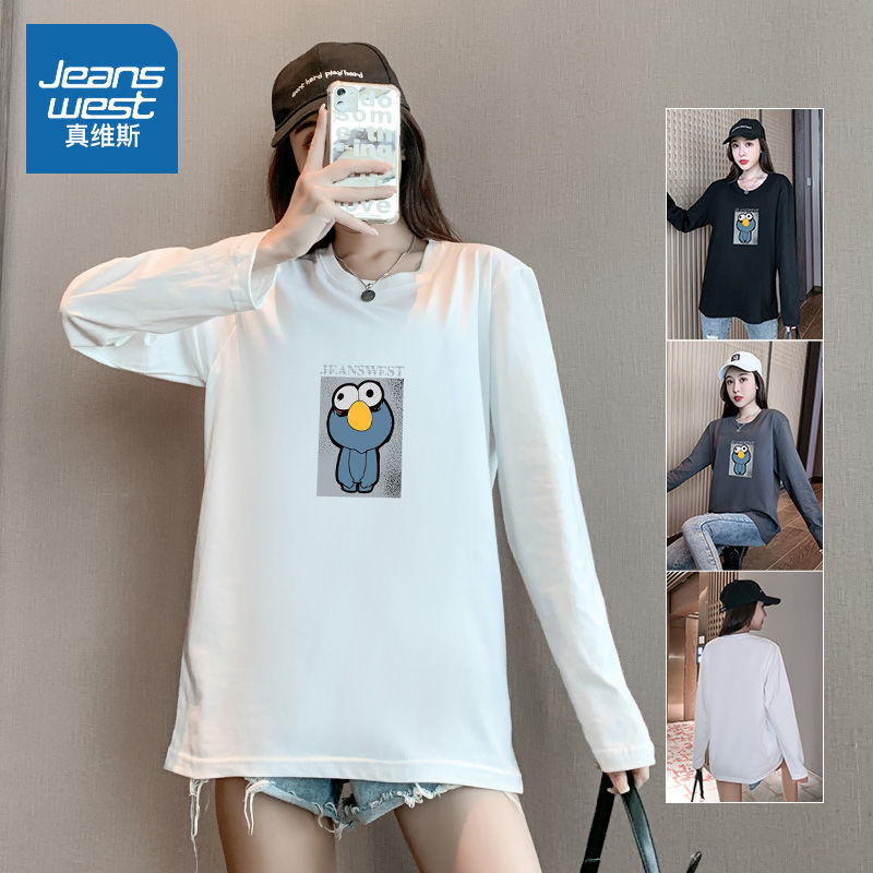 真维斯女t恤长袖纯棉打底衫宽松原宿风春秋季学生印花打底衫上衣