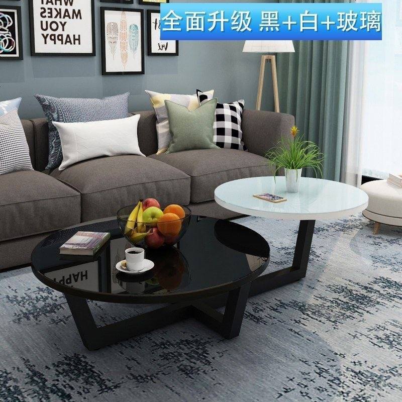 北欧茶几现代简约小户型圆形迷你茶几北欧客厅经济型钢化玻璃茶桌 组装_黑架+黑白面+黑白钢化玻璃