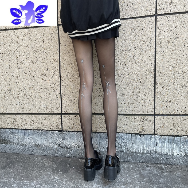 Ideamini闪亮黑丝ins潮黑色性感超薄T裆字母后竖线连裤女秋冬薄款丝袜