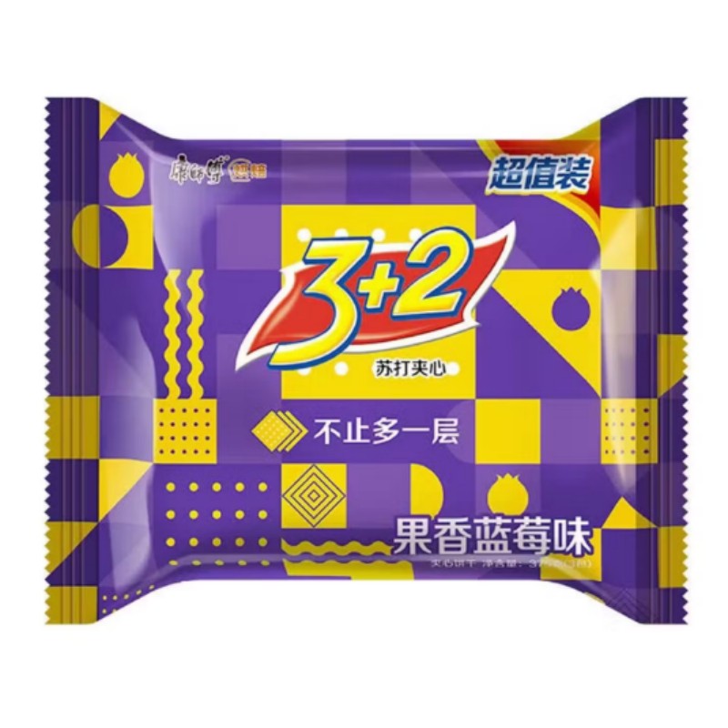 康师傅3+2苏打夹心饼干营养早餐代餐休闲零食果香蓝莓味375g*16包 整箱装