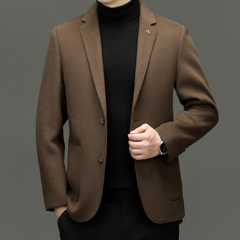 可拆卸内胆 羊绒双面呢子大衣商务休闲西装外套短款西服毛呢潮春秋单西修身外套西服西装专柜正品 咖啡色 180