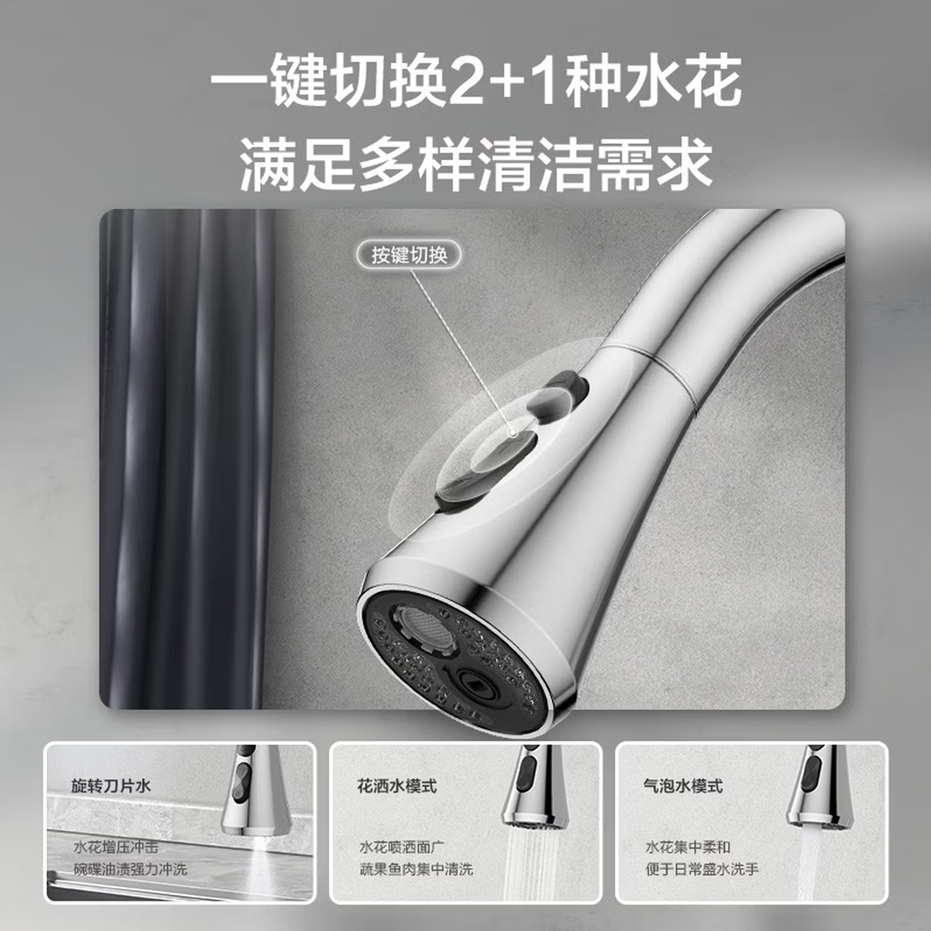 九牧（JOMOO）厨房龙头抽拉式冷热水龙头三水花水槽洗菜盆可旋转锌合金龙头33167-594/1B-Z高清大图