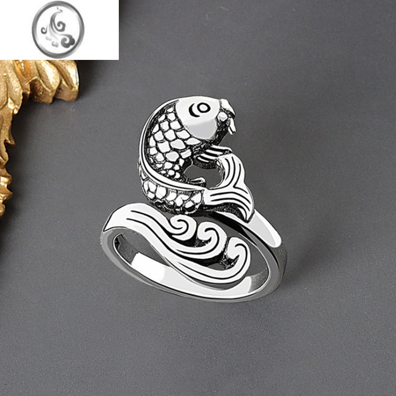 jimi复古泰银波花鲤鱼戒指女民族风创意年年有鱼戒指开口指环时尚个性