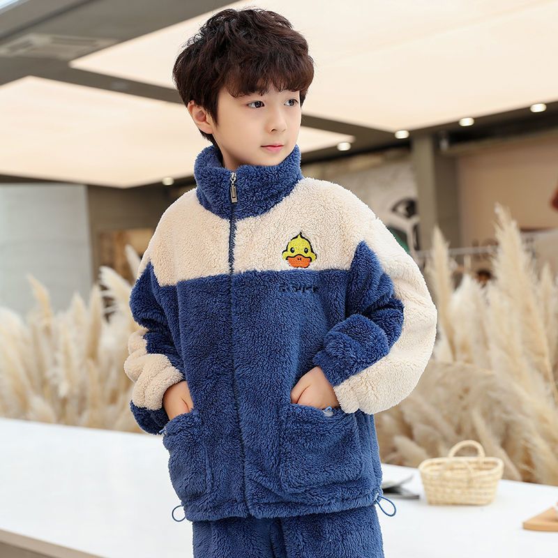 儿童睡衣男童秋冬法兰绒加厚家居服中大童加绒男孩冬季珊瑚绒套装衫