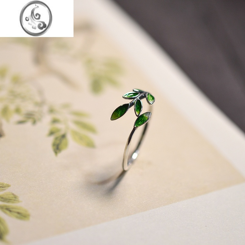 jimis925银饰怀旧复古景泰蓝绿色树叶女式银戒指古风开口戒配盒