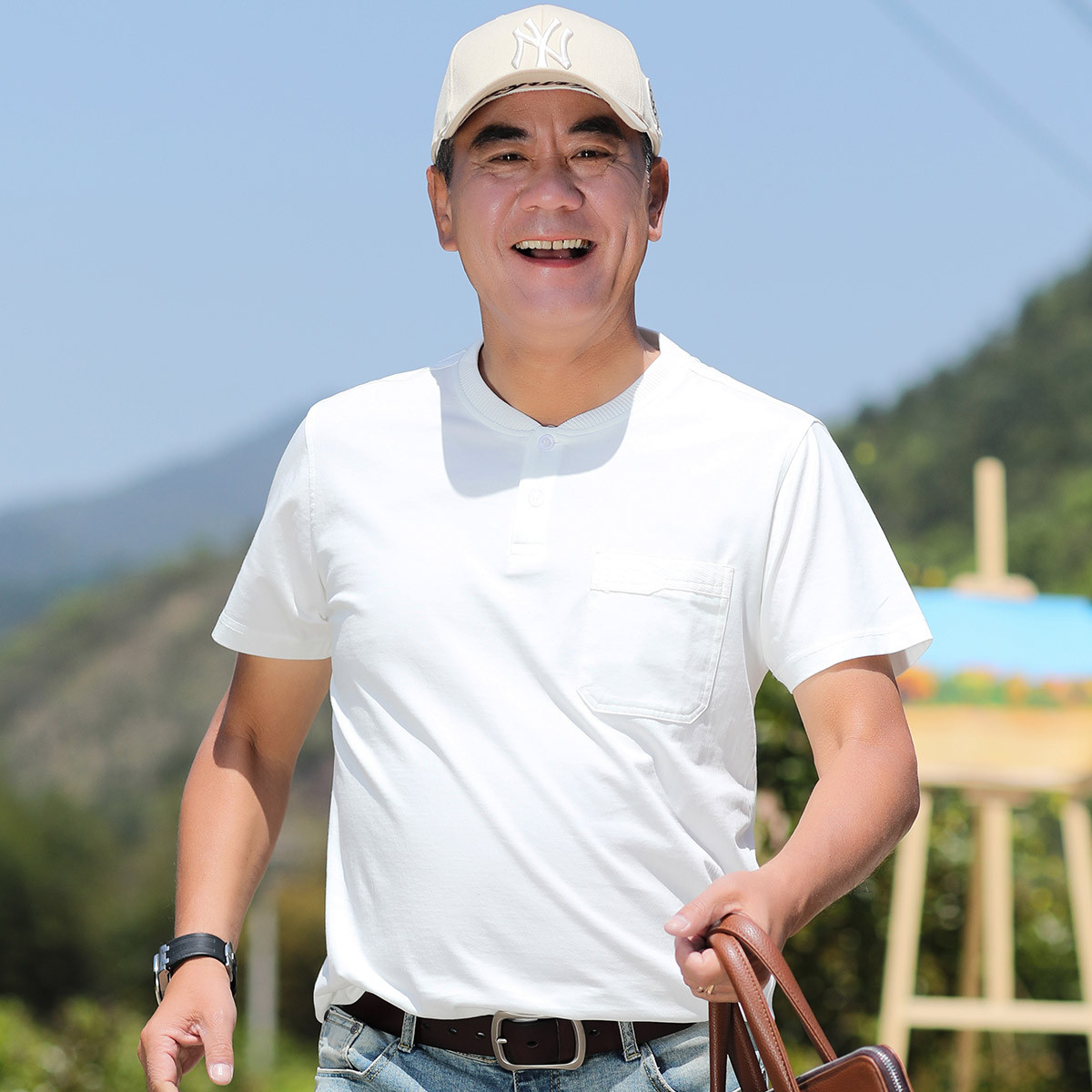 薄款时尚中老年短袖爸爸装纽扣圆领男式t恤衫夏季男装