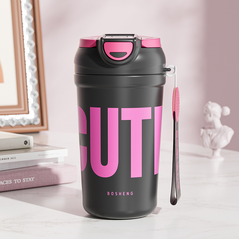 简约吸管保温杯316不锈钢水杯上班族办公室咖啡杯夏季保冷双饮杯子 梅见黑450ml