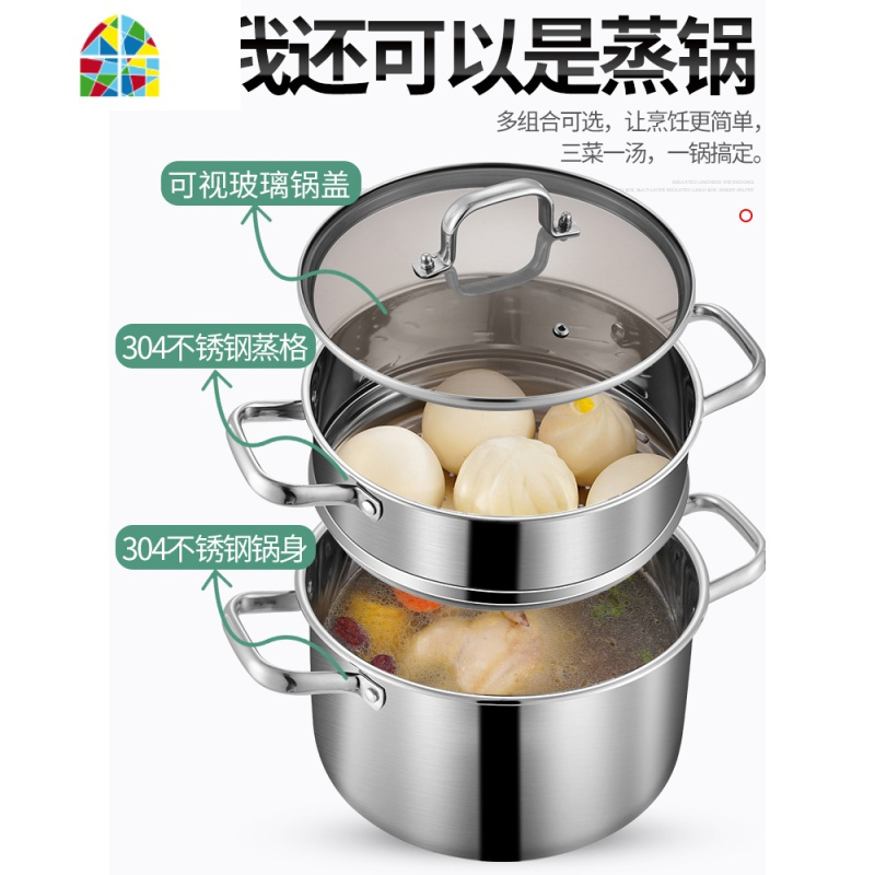 汤锅304不锈钢加厚家用小煮锅蒸煮粥面奶瓶锅燃气煤气电磁炉锅具 FENGHOU 304厚料复底欧典20公分