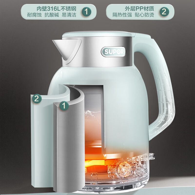 苏泊尔(SUPOR)2L大容量 316L不锈钢一键保温大角度开合电水壶 SW-20S88A高清大图