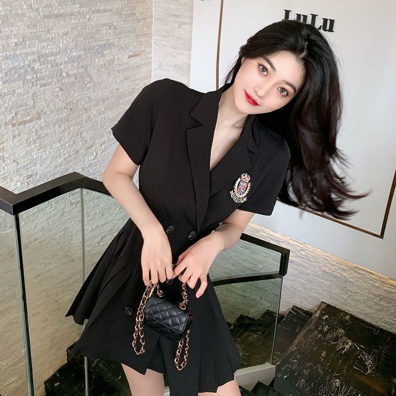 美动态大码女装夏季法式小众百褶西装裙胖mm藏肉显瘦显瘦连衣裙图片