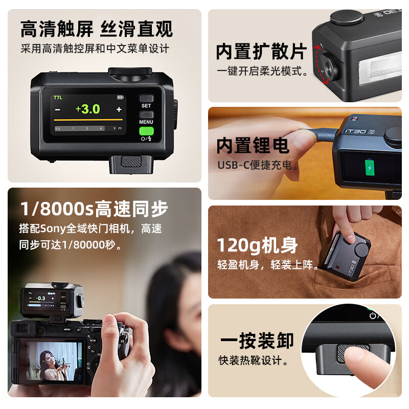 LISM-神牛iT30Pro触屏闪光灯小型热靴接口机顶闪光灯小方块便捷外拍摄影人像数码微单 [黑色索尼版]高清大图