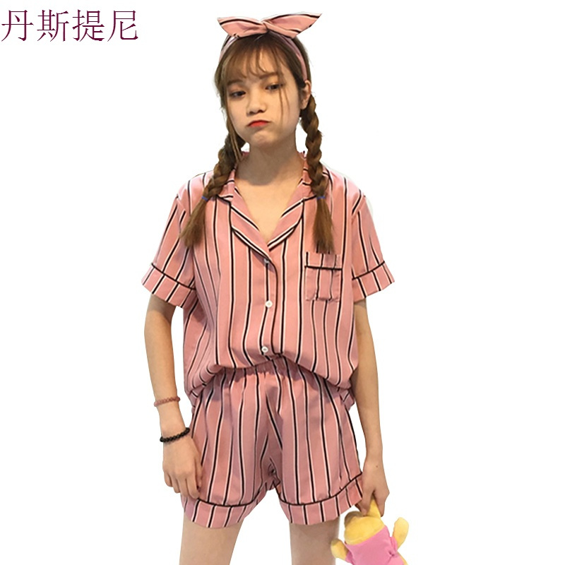 秋装韩版条纹短袖睡衣+短裤套装百搭女士家居服学生休闲两件套潮