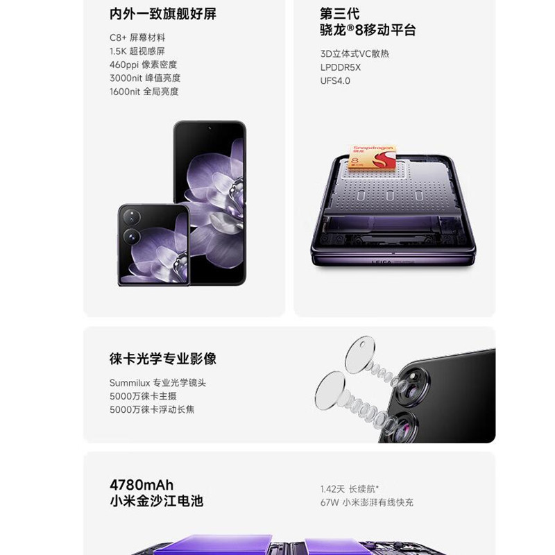 [全新]小米MIX Flip 黑色 12GB+256GB 小折叠屏 4.01英寸多功能超大外屏 第三代骁龙8 5G拍照AI手机
