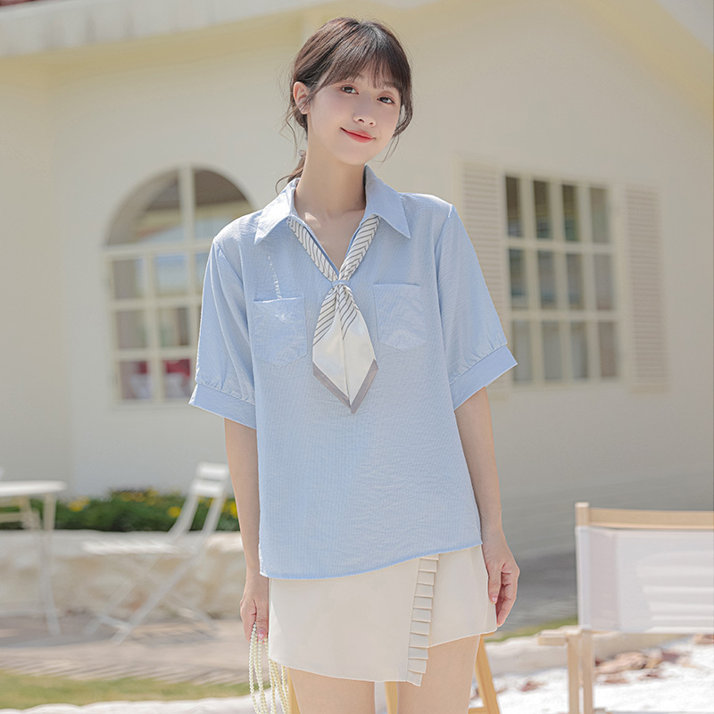 2022夏新款短袖配丝巾v领上衣女休闲学院百搭设计感小众衬衫套装