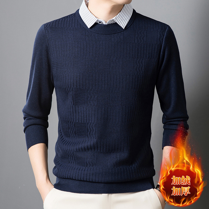 假两件毛衣男加绒加厚冬季新款中年翻领保暖长袖打底男士针织衫_210 藏青 L/110