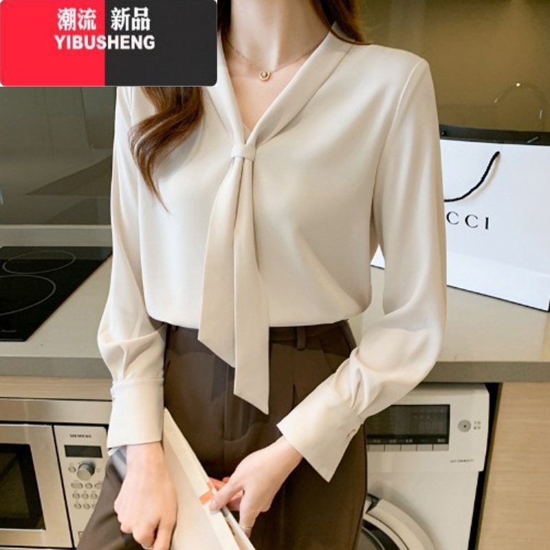 YIBUSHENG职业衬衫女2023年新款宽松显瘦百搭v领工作服长袖洋H衬0衬 L 杏色