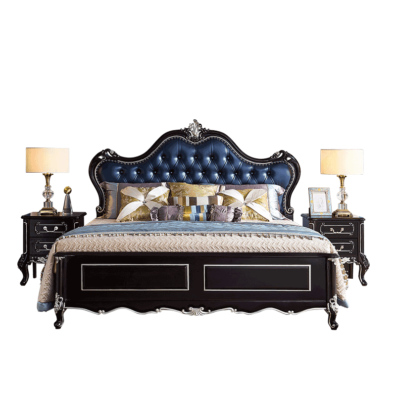 卧室双人床欧式奢华大户型1.8m雕花皮床简欧主卧黑檀色床家具组合图片
