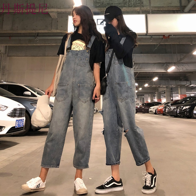 秋装女装韩版宽松复古做旧背带连体裤牛仔裤高腰破洞阔腿裤九分裤